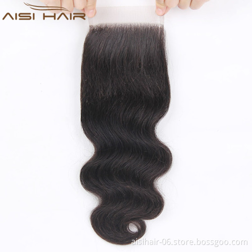 Body Wave Hair 4*4 Lace Closure Free Part 1 Piece 100%  Human Hair Medium Brown Swiss Lace Hair